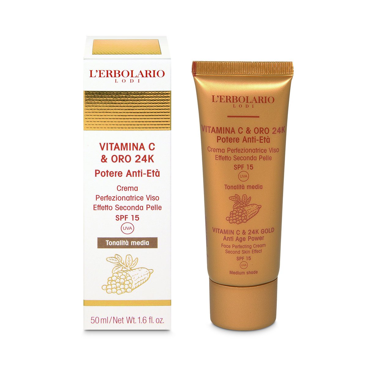 Vitamina C & Oro 24K Moc przeciwstarzeniowa. Udoskonalający krem do twarzy, efekt drugiej skóry. SPF 15. Odcień średni, 50ml