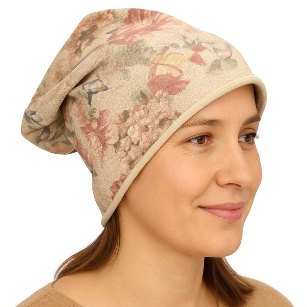 Czapka damska Beanie włoska cienka smerfetka beżowa kwiatowa