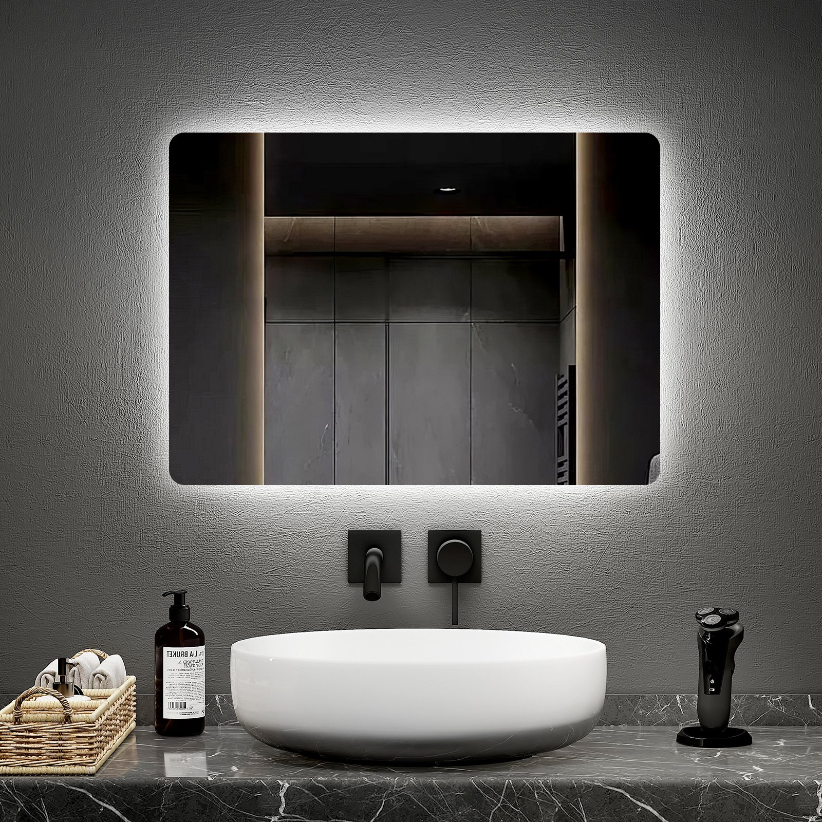 EMKE Lustro łazienkowe z oświetleniem LED Lustro ścienne z przełącznikiem dotykowym i funkcją anti-fog, 45x60cm Lustro łazienkowe z 2 kolorami oświetlenia, IP44 Energooszczędne