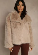 Kurtki damskie - Beżowa Kurtka Futerko o Jednorzędowym Kroju z Szerokim Kołnierzem Dezile - miniaturka - grafika 1