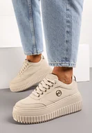 Moda i Uroda OUTLET - Jasnobeżowe Sneakersy na Platformie z Tłoczeniem i Metaliczną Wstawką Alcyhen - miniaturka - grafika 1