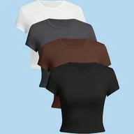 Bluzki damskie - TEMU 4 sztuki damskich, codziennych, jednokolorowych T-shirtów z krótkim rękawem - Wysokie rozciągliwość, okrągły dekolt, wygodne i stylowe na - miniaturka - grafika 1