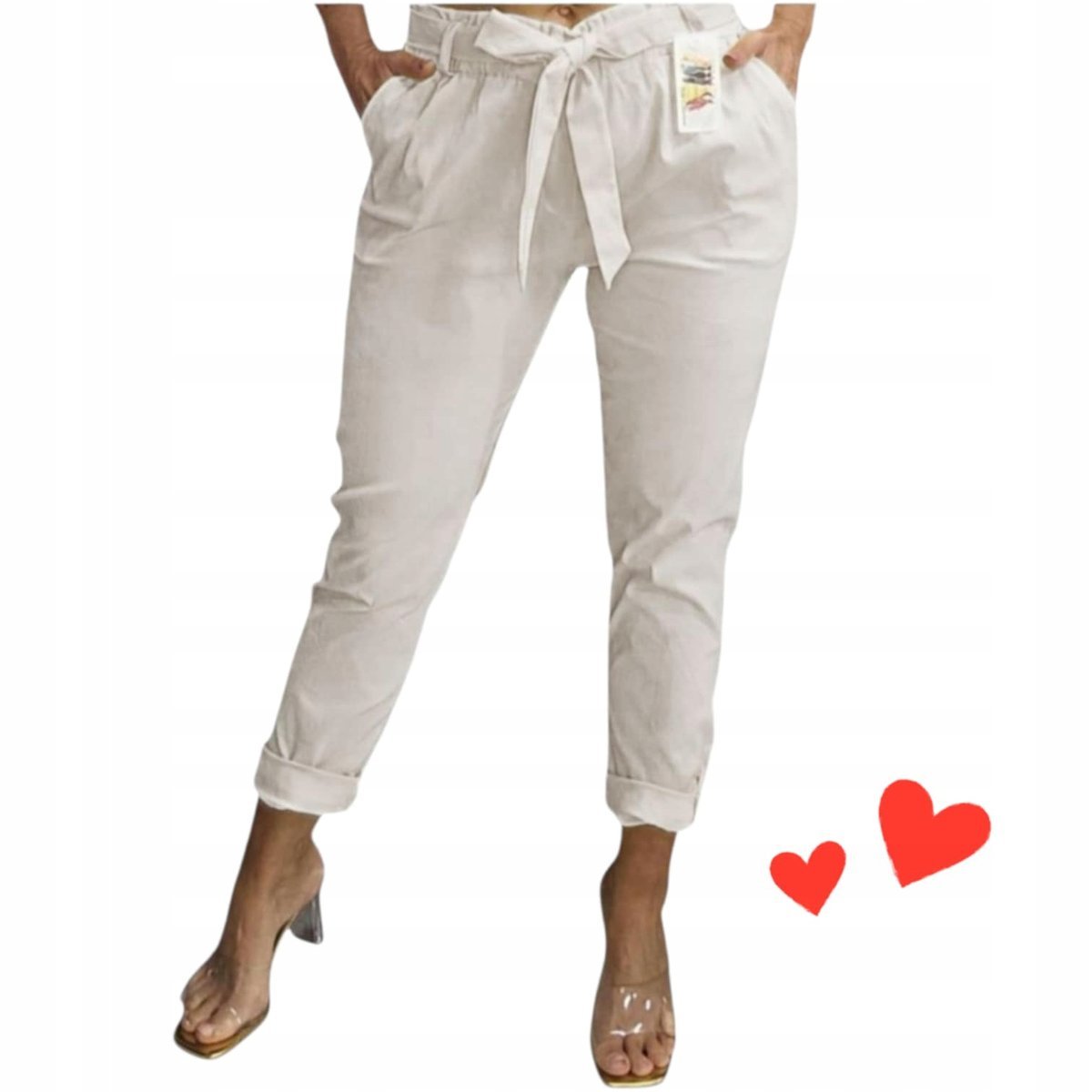 SPODNIE DAMSKIE ECRU CYGARETKI GNIECIUCHY kieszenie kokarda 52 54 6xl 7xl