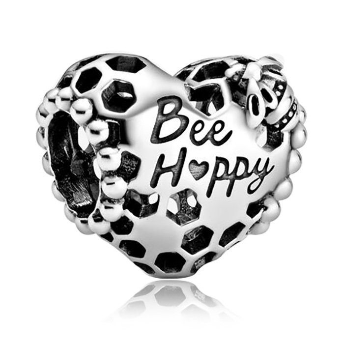 Zawieszka Charms SREBRO 925 Koralik Bee Happy Ażurowe Serce z Pszczółką