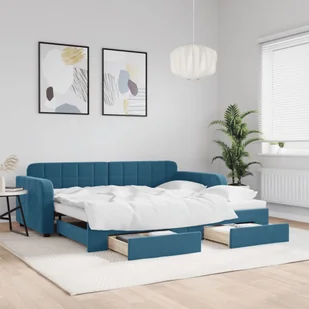vidaXL Sofa rozsuwana z szufladami, niebieska, 90x200 cm, aksamit - Sofy i kanapy - miniaturka - grafika 1