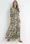 Sukienki - Granatowo-Żółta Rozkloszowana Sukienka Maxi Koszulowa w Kwiaty Moonsee - miniaturka - grafika 1