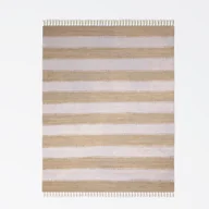 Dywany - Dywan patchworkowy MY-RUG, Aarav, 150x80, dywan Chindi beżowo-biały, wykonany z resztek bawełny z recyklingu, ręcznie tkany, dwustronny, z frędzlami, prostokątny - miniaturka - grafika 1