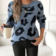 Swetry damskie - TEMU Sweter damski w eleganckim wzorze - okrągły dekolt, długie rękawy, kolorowe bloki, miękkie niebiesko-czarne zwierzęce wzory, pranie - miniaturka - grafika 1