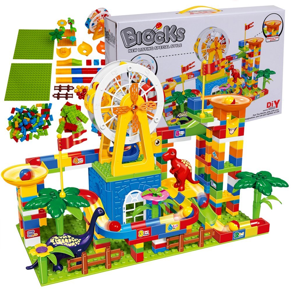 KLOCKI KONSTRUKCYJNE tor kulkowy 255 el. Duży Zestaw PARK DINOZAURÓW XXL Kulodrom FIGURKI DINOZAURY