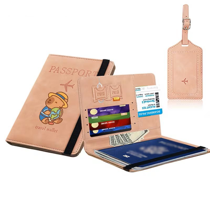 Portfel Etui Pokrowiec na Paszport Kapibara Globus + Tag Bagażowy Róż