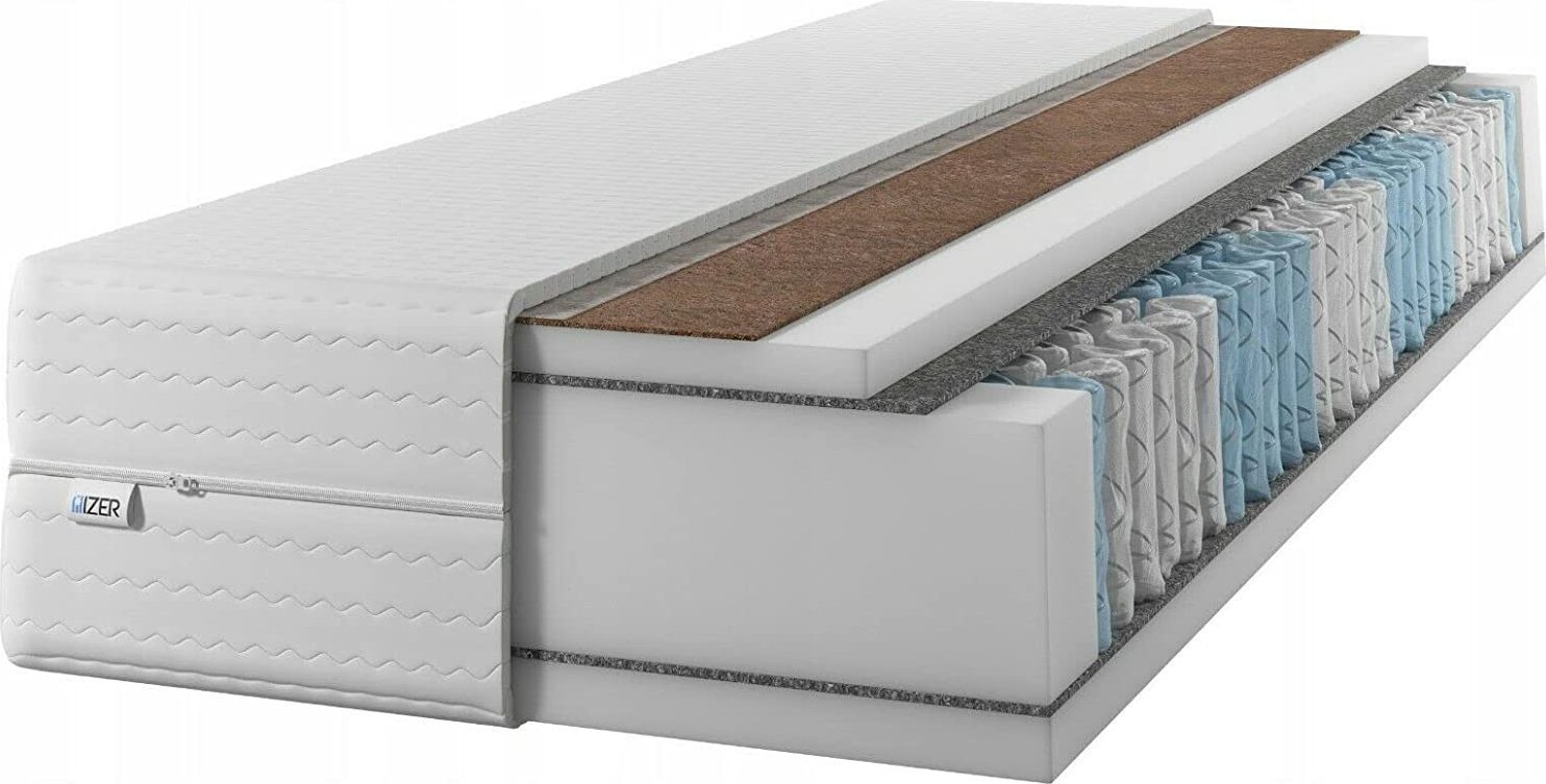 Materac IZER 100x200 24 cm DIAMANT PLUS dwustronny H3 i H4 KOKOS 7 stref rdzeń ze sprężyn kieszeniowych pikowany pokrowiec materac sprężynowy wewnętrzny