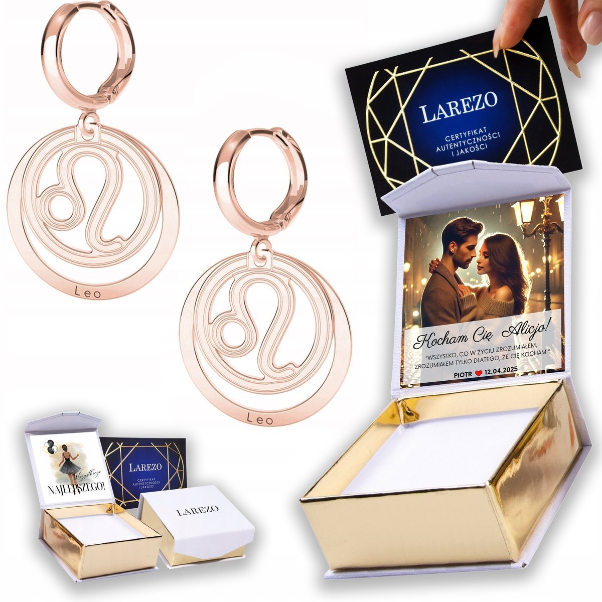 Kolczyki Pozłacane 925 Znak Zodiaku Lew ze Znakiem Lwa Leo NADRUK