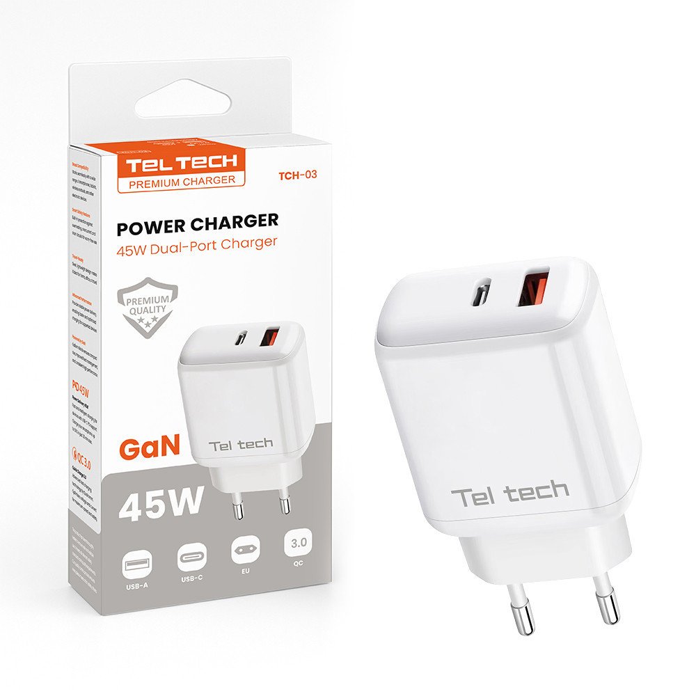 Teltech ładowarka sieciowa GaN USB+TYP-C 45W PD PPS biały TCH-03