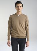 Swetry męskie - Beżowy męski sweter w serek - miniaturka - grafika 1
