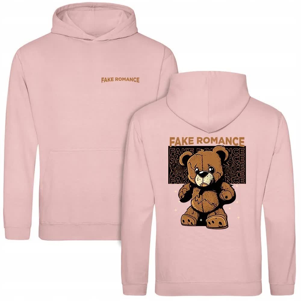 Bluza Damska Z Kapturem Różowa FAKE ROMANCE Nadruk Dwustronny Wzory Rozm S