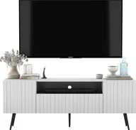 Szafki RTV - Meble Lindner Meble Lindner Loft Szafka RTV Biały Mat Nowoczesna Komoda RTV Glamour 150 cm Ryflowane fronty Nogi Czarne Metalowe - miniaturka - grafika 1