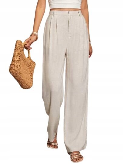 SHEIN DAMSKIE SPODNIE BEŻOWE CASUAL Z LNEM XS 1HB