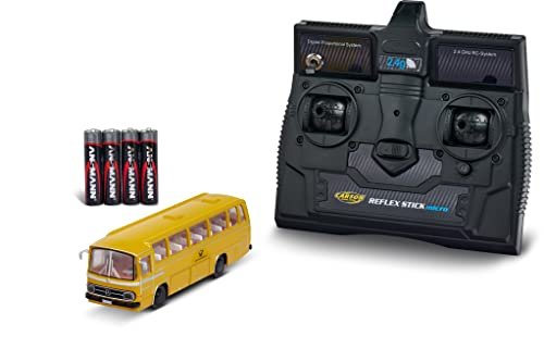 Carson 500504142 1:87 Mercedes Benz Bus O 302 Dt. Post 2.4G model gotowy do jazdy w 100% RTR, pilot zdalnego sterowania 2,4 GHz z portem ładowania, w zestawie 4 baterie AAA nadajnika, z oświetleniem