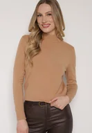 Swetry damskie - Ciemnobeżowy Gładki Sweter z Półgolfem w Stylu Casual Unallia - miniaturka - grafika 1