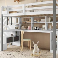 Łóżka dla dzieci i młodzieży - Łóżko piętrowe 90x200 cm - z biurkiem i półkami - 4-stopniowa drabinka bezpieczeństwa - Drewno lite + MDF - Biały + Szary - miniaturka - grafika 1