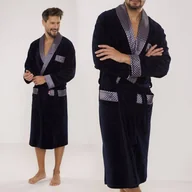 Piżamy damskie - Szlafrok Męski De Lafense Welurowy Długi Z Kieszeniami Elegancki Granatowy 773 Granatowy 3XL - miniaturka - grafika 1
