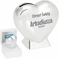 Dewocjonalia - Srebrna skarbonka serce pamiątka na chrzest z grawerem i dedykacją - miniaturka - grafika 1