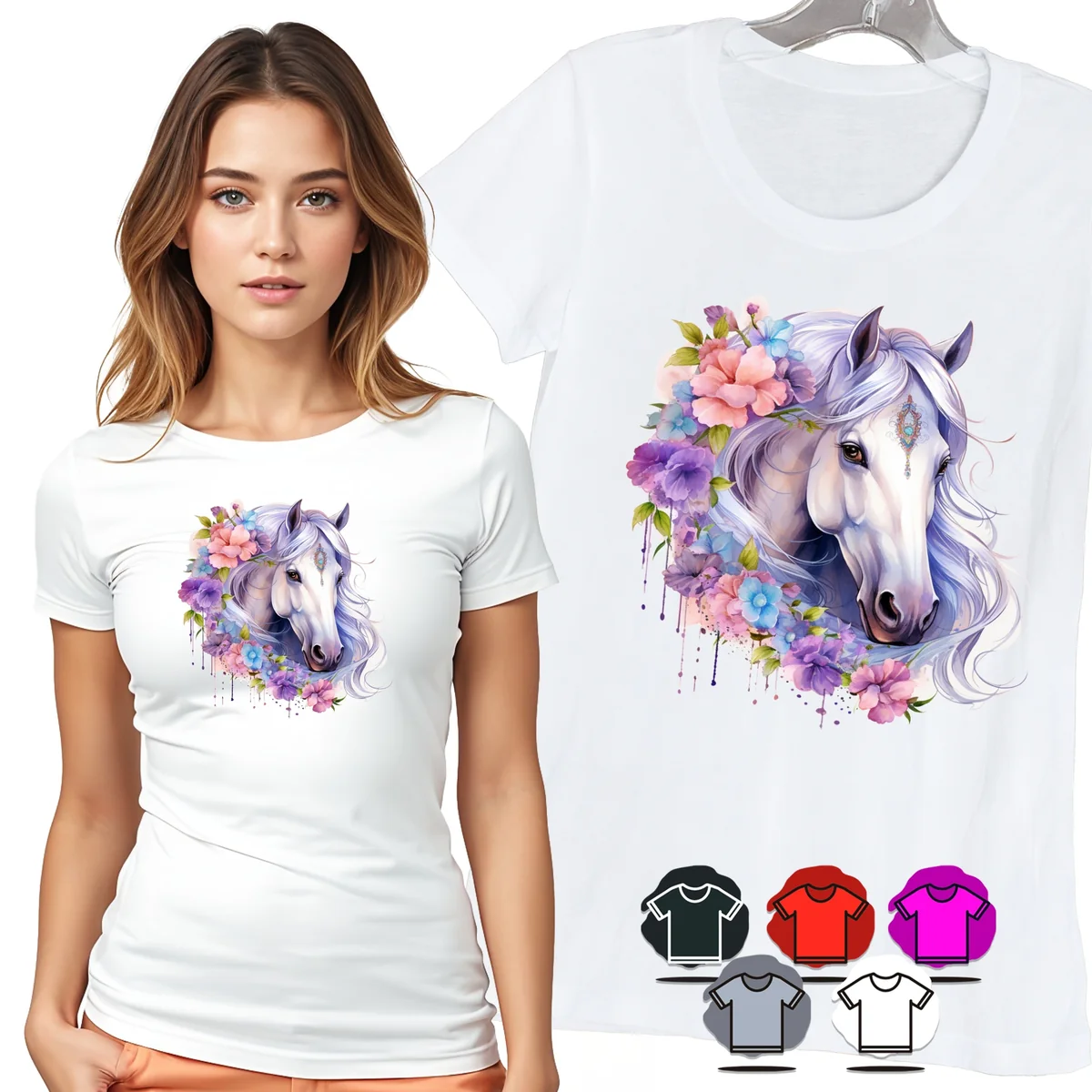 KOSZULKA DAMSKA T-SHIRT - KOŃ Z KWIATAMI FIOLETOWY PORTRET DLA NIEJ - XXL