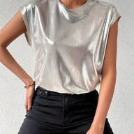 Bluzki damskie - TEMU Modny luźny srebrny T-shirt z krótkim rękawem Damska bluzka z okrągłym dekoltem, jednolity , idealna na wiosnę//jesień - miniaturka - grafika 1