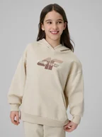 Bluzy dla dziewczynek - 4F Bluza dresowa regular z kapturem dziewczęca - beżowa 164 (13-14 lat) - miniaturka - grafika 1