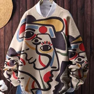 Swetry damskie - TEMU Damski Sweter z Nadrukiem Graffiti Oversize - Miękki i Wielokolorowy Abstrakcyjny Wzór Twarzy, Luźny Krój z Okrągłym Dekoltem, Długi Rękaw, - miniaturka - grafika 1