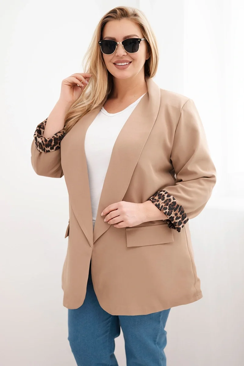 Marynarka damska Plus Size z podszewką w panterkę camelowa Camelowy