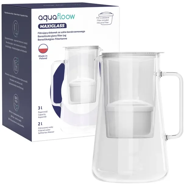 Dzbanek filtrujący szklany AquaFloow MaxiGlass 3l + filtr wody Maxi
