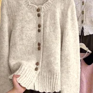 Swetry damskie - TEMU Elegancki Sweter-Płaszcz Damski w Stylu Vintage - Zimowe Ciepło, Jednorzędowy Pasek z Guzem na Przyciskach Długa Rękawe Otwarty Front Beż/Brąz - miniaturka - grafika 1