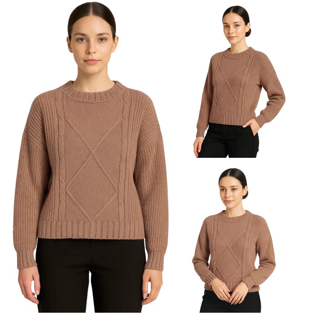 Ciepły sweter damski beżowy elegancki warkoczowy klasyczny Captain Mike S/M