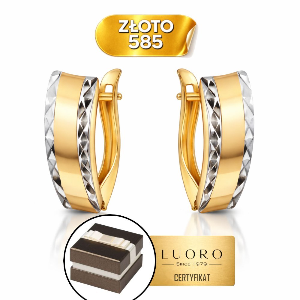KOLCZYKI ZŁOTE 585 14K PROSTOKĄTY DIAMENTOWANE BRZEGI 14 MM ANIELSKIE ZAPIĘCIE