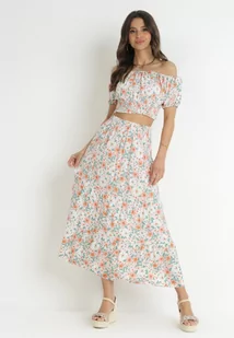 Jasnobeżowy 2-częściowy Komplet Bawełniany w Kwiaty z Topem i Spódnicą Odeleti - Komplety damskie - miniaturka - grafika 1