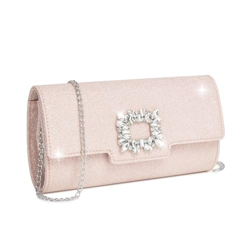 Miss Lulu Clutch damska błyszcząca torebka wieczorowa, elegancka kopertówka, torebka na łańcuszek, torba Crossbody Bag na wesele, imprezę, koktajl, bal absolwentów, Rosa