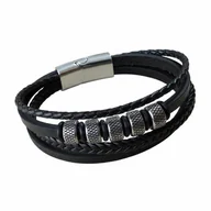 Bransolety męskie - Męska bransoletka skórzana czarna retro srebro stal nierdzewna 21 cm - miniaturka - grafika 1
