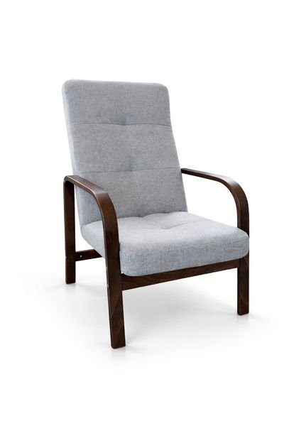 Fotel Nordic Comfort wypoczynkowy salon drewno orzech materiał szary M24