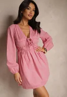 Sukienki - Czerwona Rozkloszowana Sukienka w Kratkę Vichy z Wiązaniem na Dekolcie Koemis - miniaturka - grafika 1