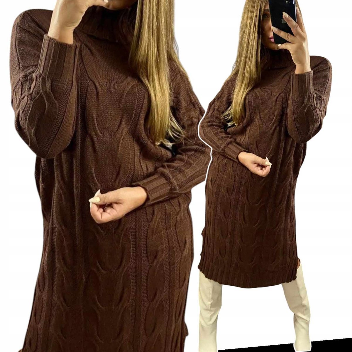 Sukienka Sweterkowa Ciepła Długi Sweter wełna czekolada 46 48 3XL 4XL