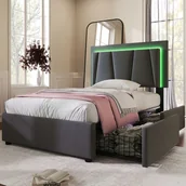 Łóżka - Łóżko tapicerowane Sweiko z oświetleniem LED i 2 szufladami, łóżko pojedyncze 90x200cm rama łóżka do przechowywania, garu - miniaturka - grafika 1