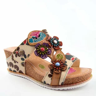 Laura Vita BONITO 224 klapki damskie skórzane na koturnie beżowe - Klapki i japonki damskie Laura Vita BONITO 224 klapki damskie skórzane na koturnie beżowe - Klapki i japonki damskie - miniaturka - grafika 1