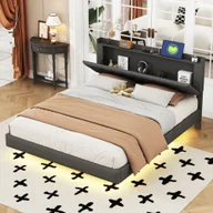 Łóżka - Łóżko tapicerowane Flieks 160x200cm z USB, podwójne łóżko młodzieżowe z LED, klasyczne łóżko drewniane z zagłówkiem i stelażem z listew, len, szare - miniaturka - grafika 1