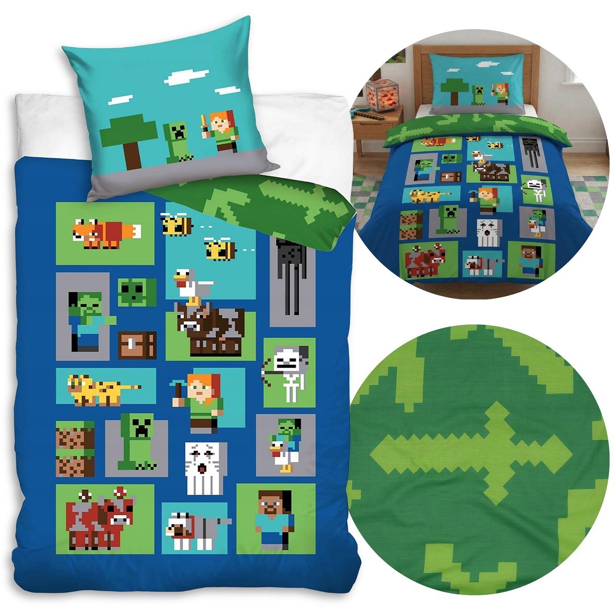 Minecraft Niebiesko-zielona, DWUSTRONNA, bawełniana pościel dziecięca na zamek, 100% BAWEŁNA 140x200cm+70x90cm OEKO-TEX