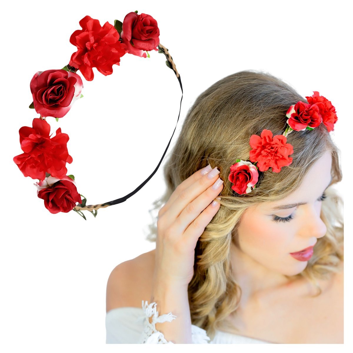 Opaska Wianek na Głowę Czerwony do Włosów z Kwiatami na Gumce Duży Wygodny