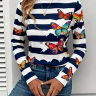 Bluzki damskie - TEMU Damska Biało-Niebieska Paskowana Koszulka z Długim Rękawem i Motywem Motyli - Casualowa Bluzka z Okrągłym Dekoltem, Wielokolorowy Wzór Motyli i - miniaturka - grafika 1