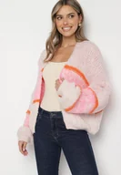 Swetry damskie - Różowy Niezapinany Kardigan z Domieszką Wełny w Paski Argulia - miniaturka - grafika 1