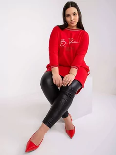 Bluzki damskie - Tunika plus size czerwony dekolt okrągły rękaw 3/4 print (nadruk) dżety kieszenie - grafika 1