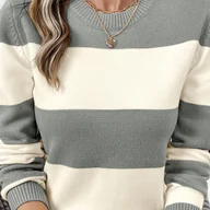 Swetry damskie - TEMU Sweter Damski Elegancki - Beżowy, Brązowy, Czarny, Szary w Poziome Paski - Sweter z Długim Rękawem i Okrągłym Dekoltem na Jesień/Zimę - Pranie - miniaturka - grafika 1